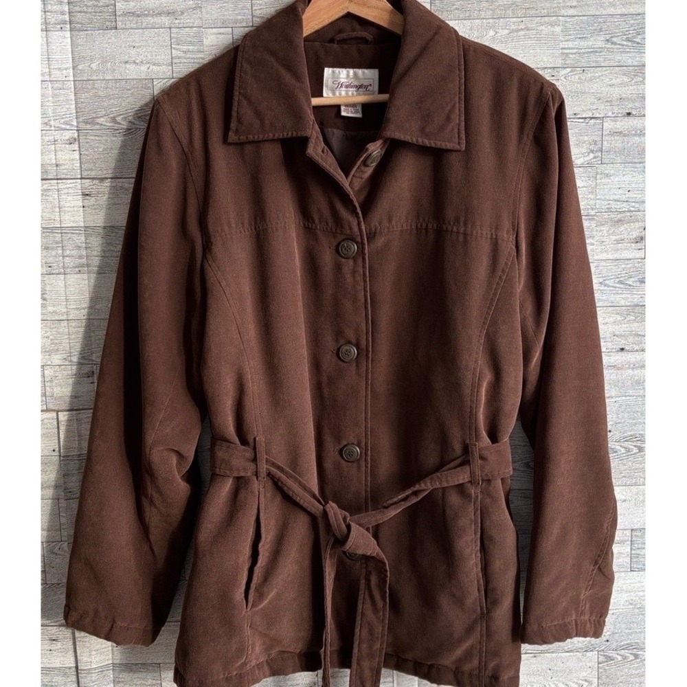 Brown Trench Coat Suede Effect belted lined‎ jacket women's large vintage